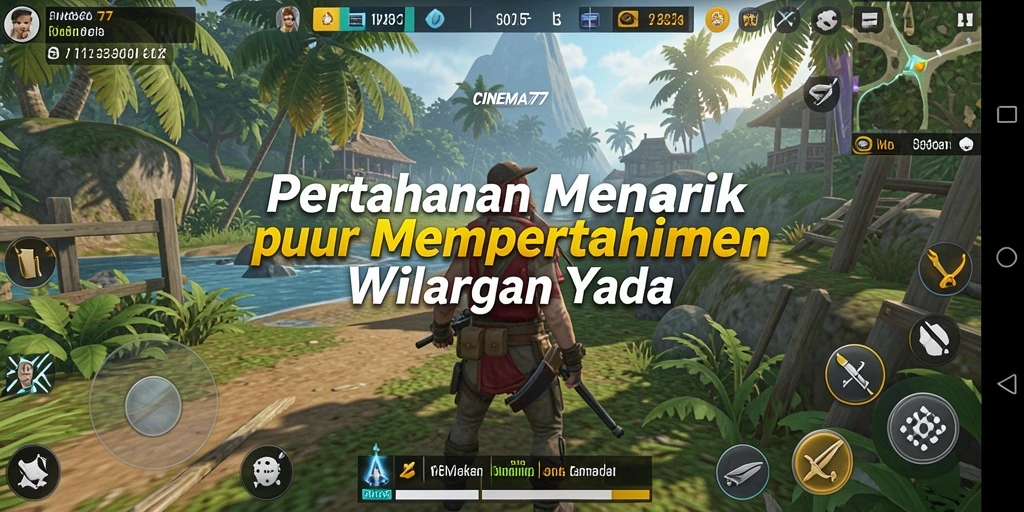 Screenshot utama CINEMA77 menampilkan aksi pertahanan menara yang seru.