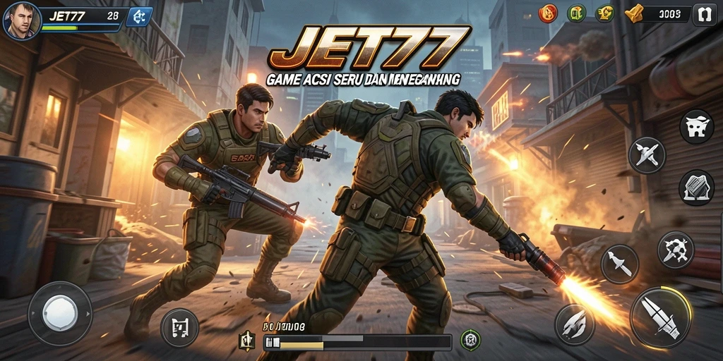 Screenshot JET77 menampilkan aksi pertempuran intens dan mendebarkan.
