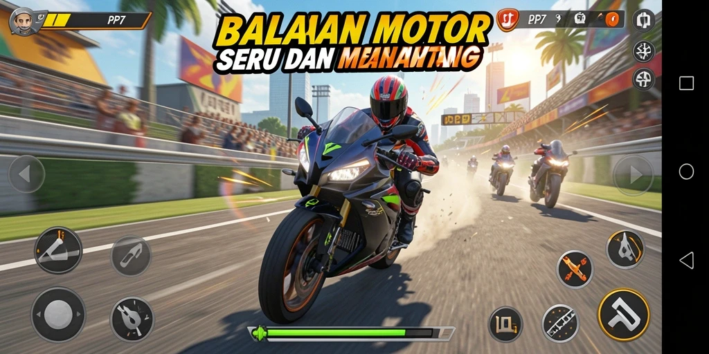 Tampilan gameplay PP7 dengan balapan motor yang mendebarkan.