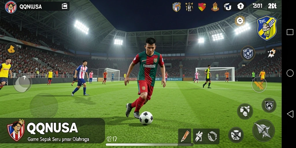 Screenshot QQNUSA menunjukkan aksi seru di lapangan sepak bola.