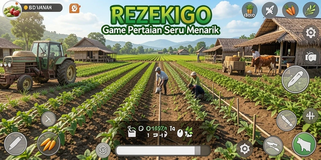 Tampilan gameplay seru dalam REZEKIGO yang menunjukkan aktivitas pertanian.